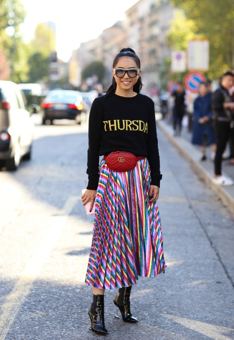 Wear One With a Graphic Sweater and a Colorful Midi Skirt