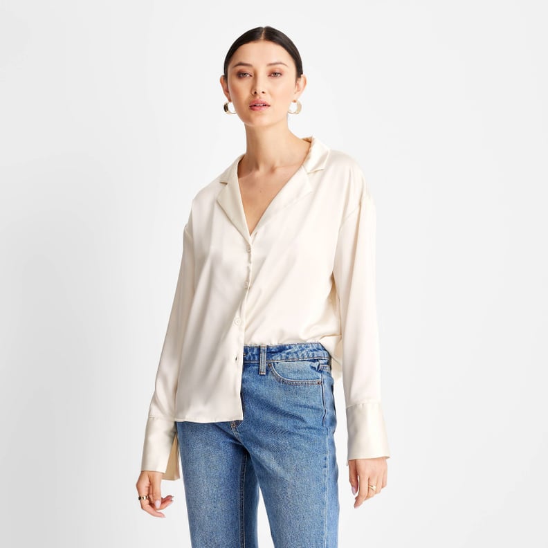 Causal Fit Blouse: Future Collective With Kahlana Barfield Brown Long Sleeve Satin Blouse