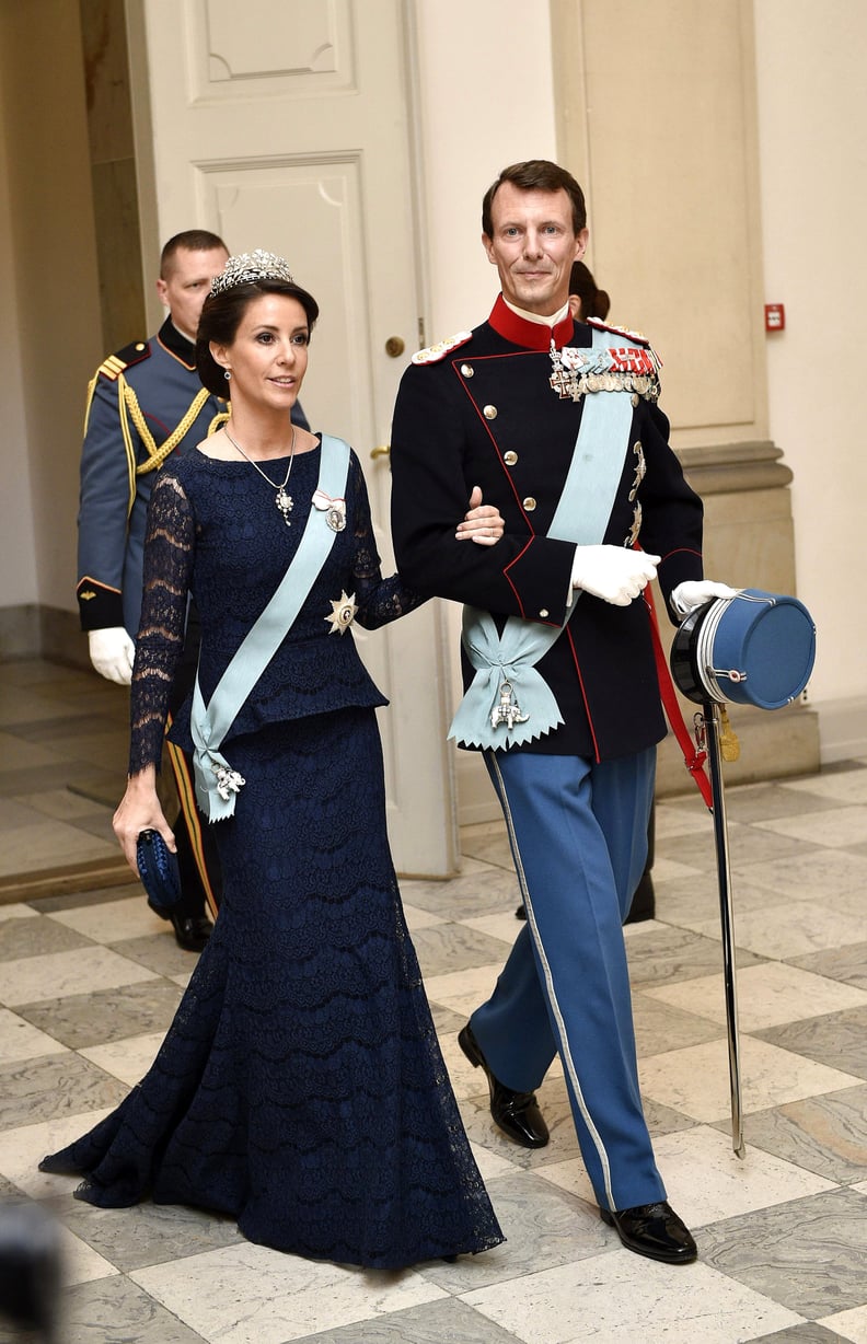 Princess Marie Styled Her Midnight-Blue Lace With a Drop Pendant Necklace and Bottega Veneta Clutch