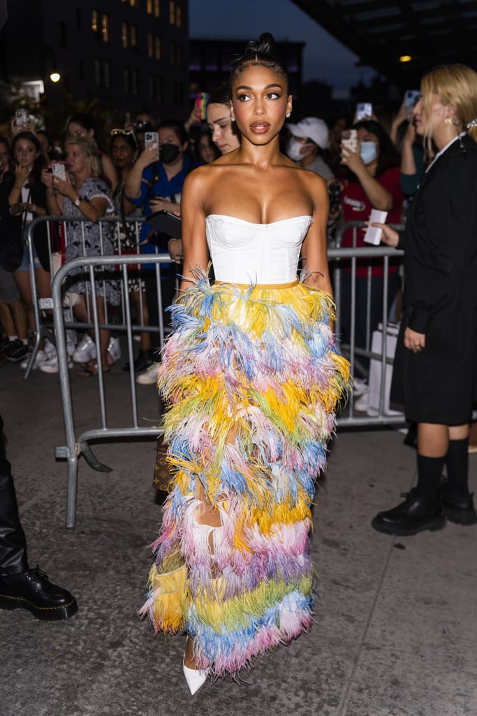 Lori Harvey's Corset Top and Feather Pants at Vogue World