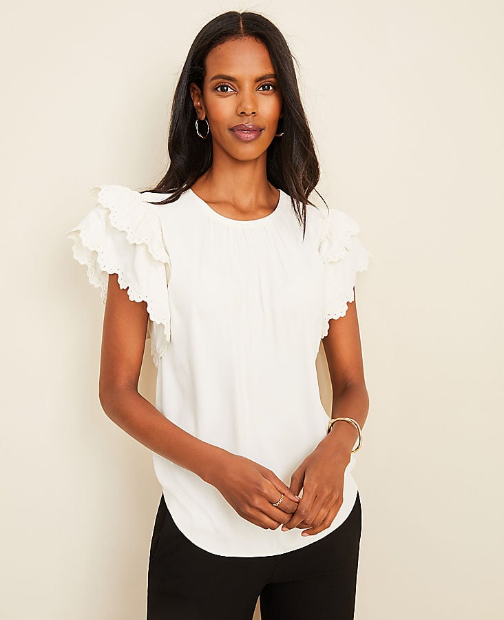tekst Dejlig Erasure Ann Taylor Embroidered Ruffle Sleeve Tee | 33 Polished Tops to Wear When  Videoconferencing From Home | POPSUGAR Fashion Photo 33