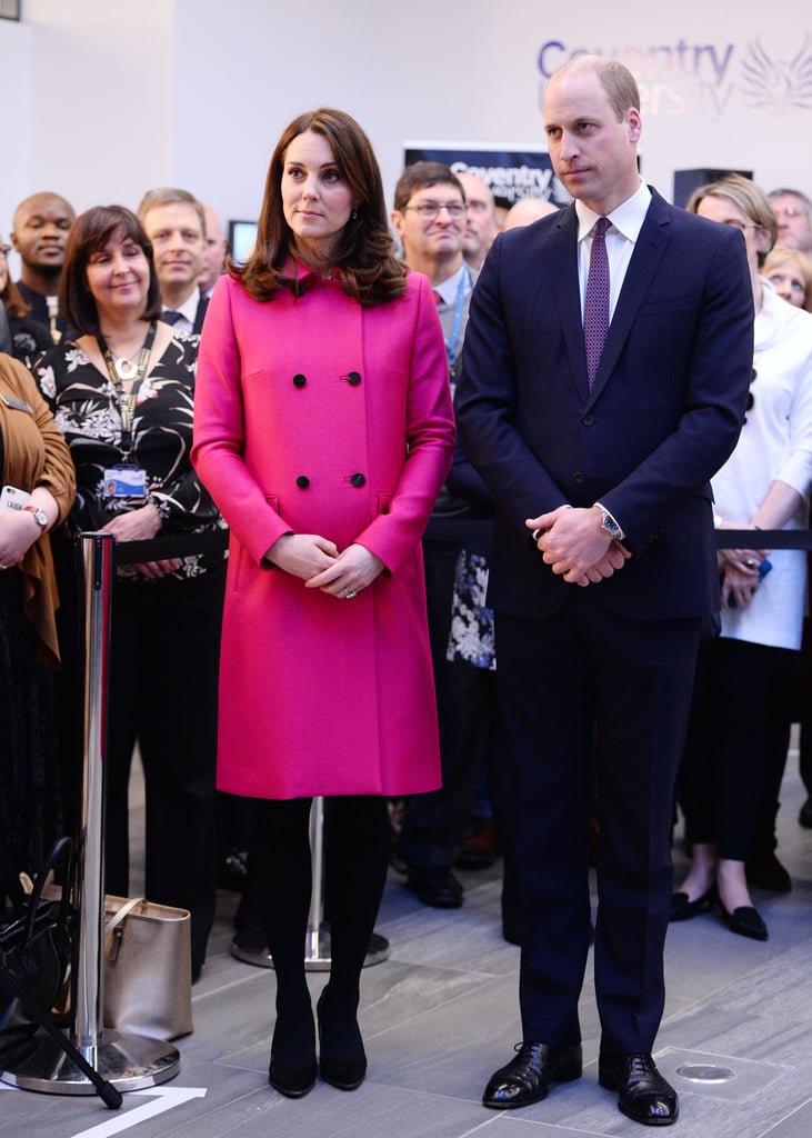For a visit to the Coventry University in Jan., Kate wore a hot pink Mulberry coat.