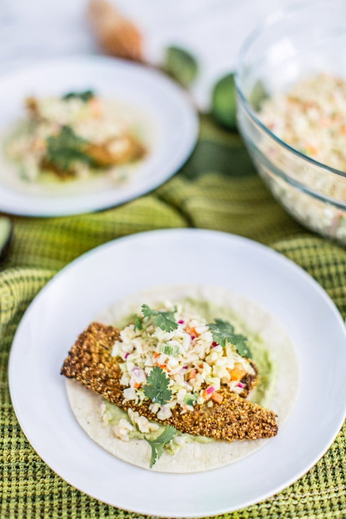 Gluten-Free Baja Fish Tacos With Avocado Crema and Chipotle Slaw | Low ...