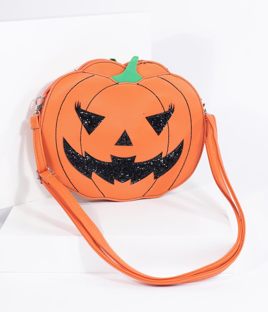 Orange Leatherette Pumpkin Jack-O'-Lantern Crossbody Purse