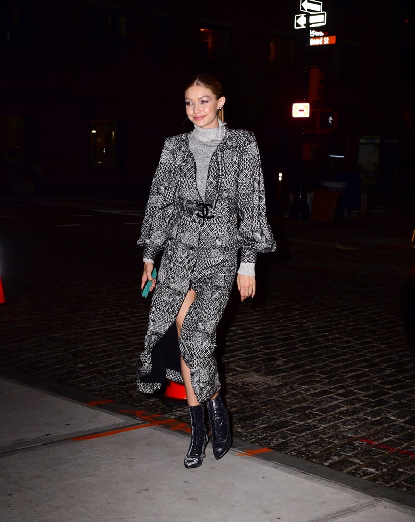 Gigi Hadid Wearing Gray Turtleneck With Chanel Dress