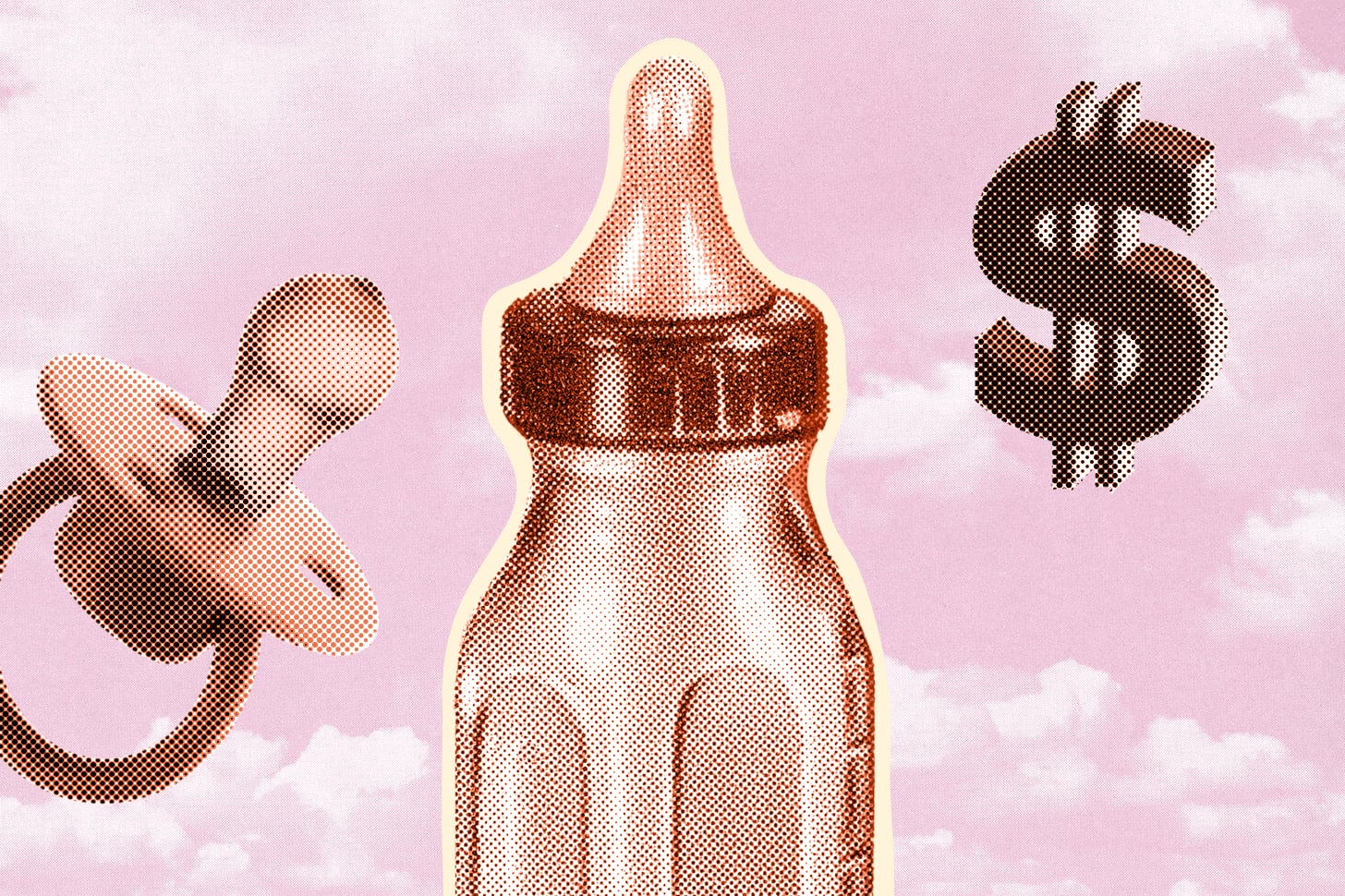 collage of a pacifier, baby bottle, and dollar sign
