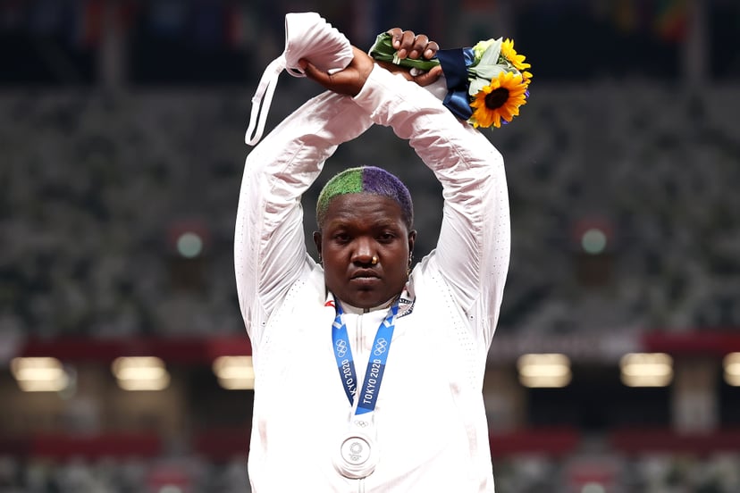 TOKYO, JAPAN - AUGUST 01: Raven Saunders of Team United States makes an 'X' gesture during the medal ceremony for the Women's Shot Put on day nine of the Tokyo 2020 Olympic Games at Olympic Stadium on August 01, 2021 in Tokyo, Japan. (Photo by Ryan Pierse