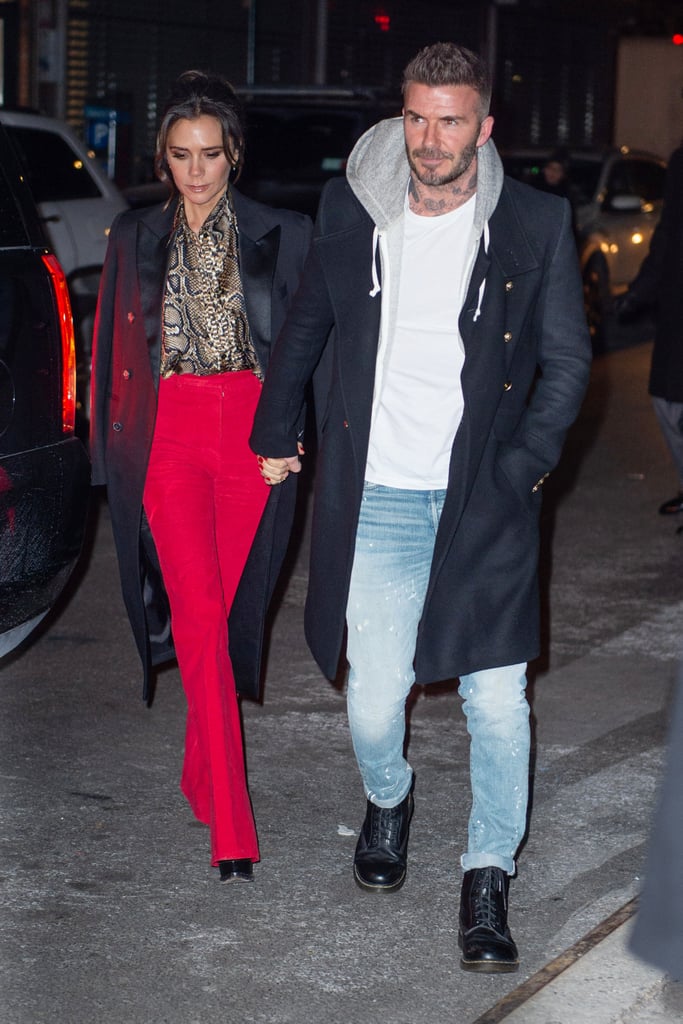 Victoria Beckham Red Pants and Snakeskin Blouse January 2019