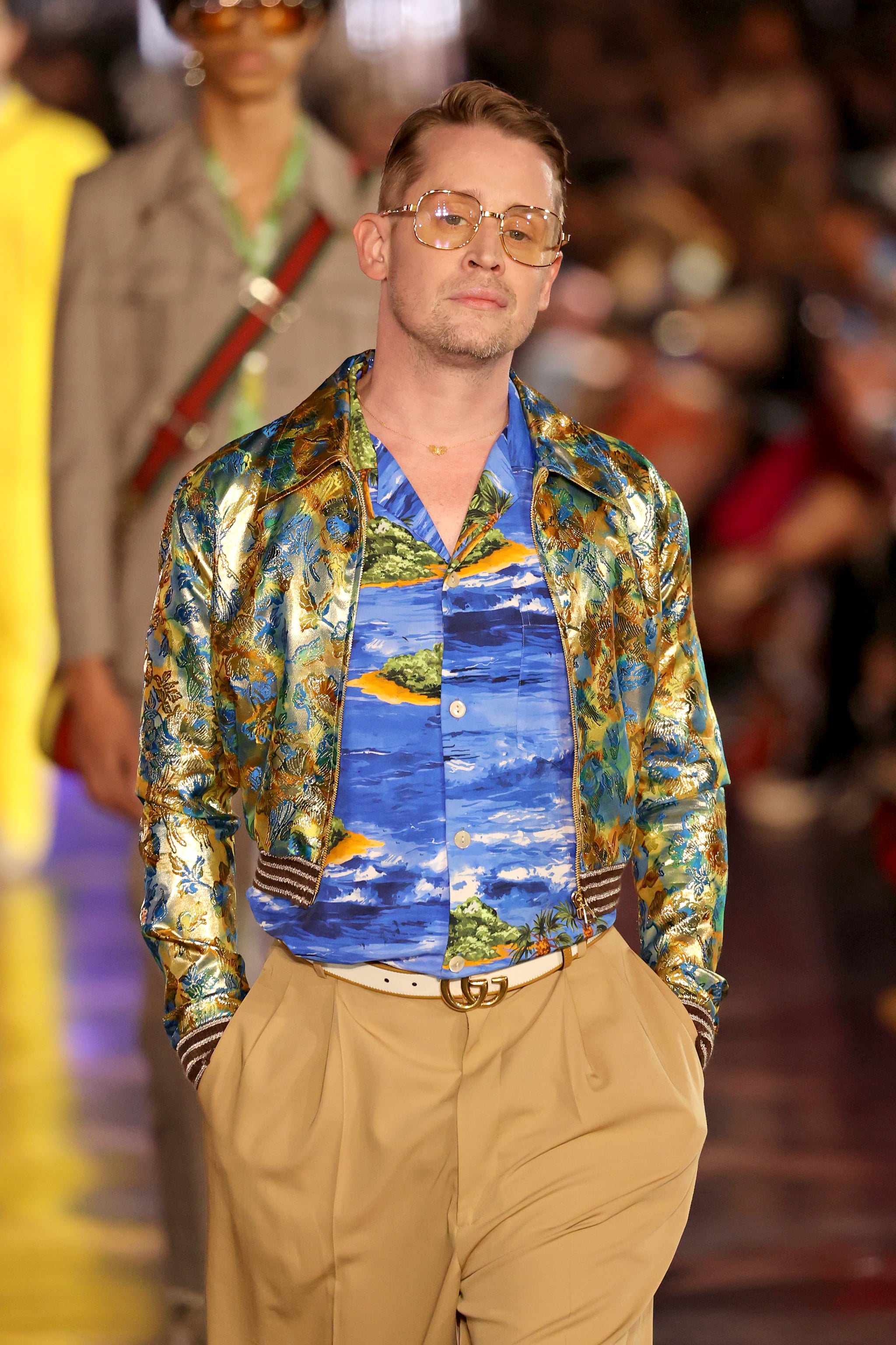 HOLLYWOOD, CALIFORNIA - NOVEMBER 02: Macaulay Culkin walks the runway for Gucci Love Parade on November 02, 2021 in Hollywood, California. (Photo by Amy Sussman/Getty Images)