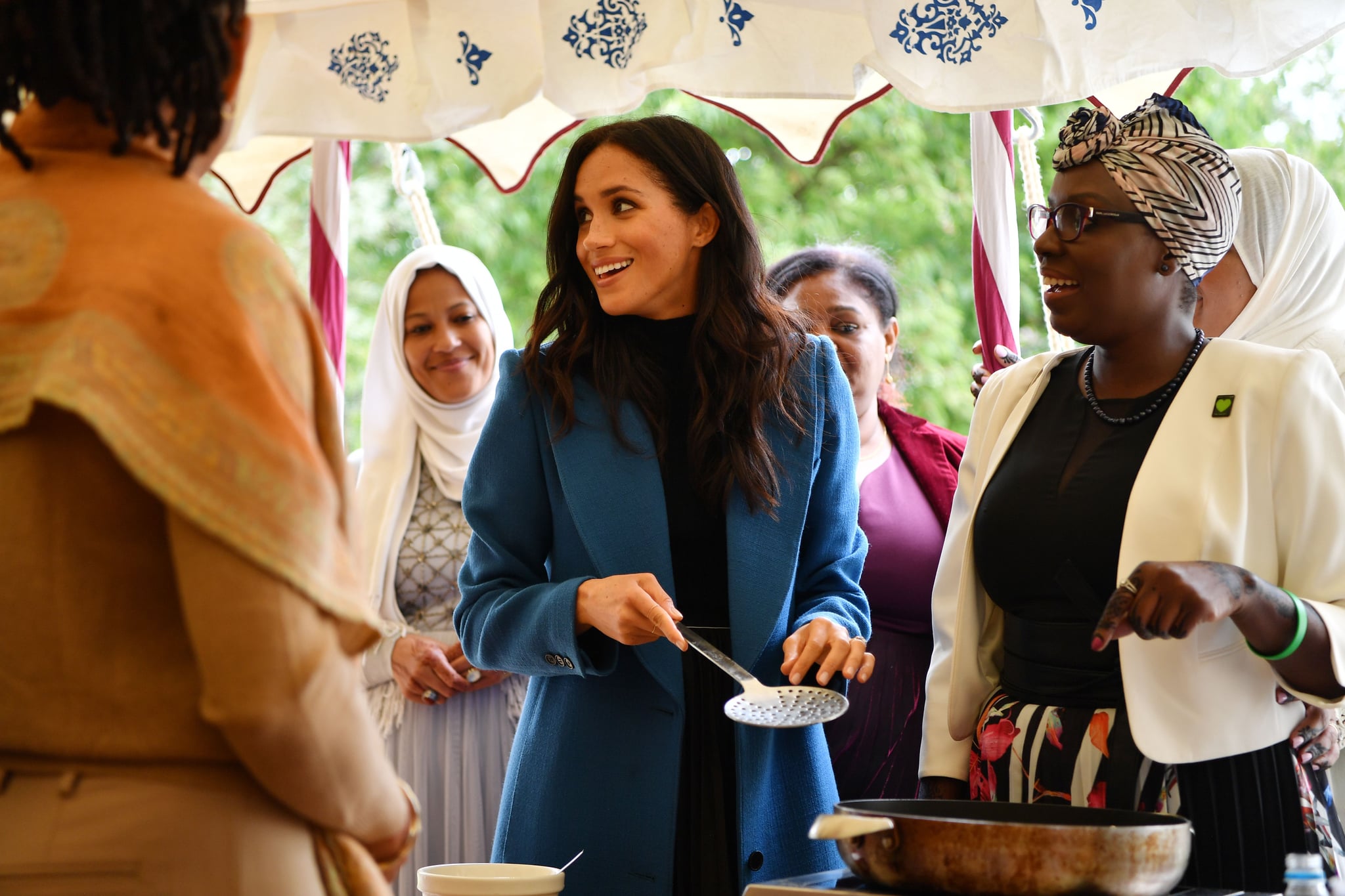 Meghan Markle Blue Coat Cookbook Party Popsugar Fashion