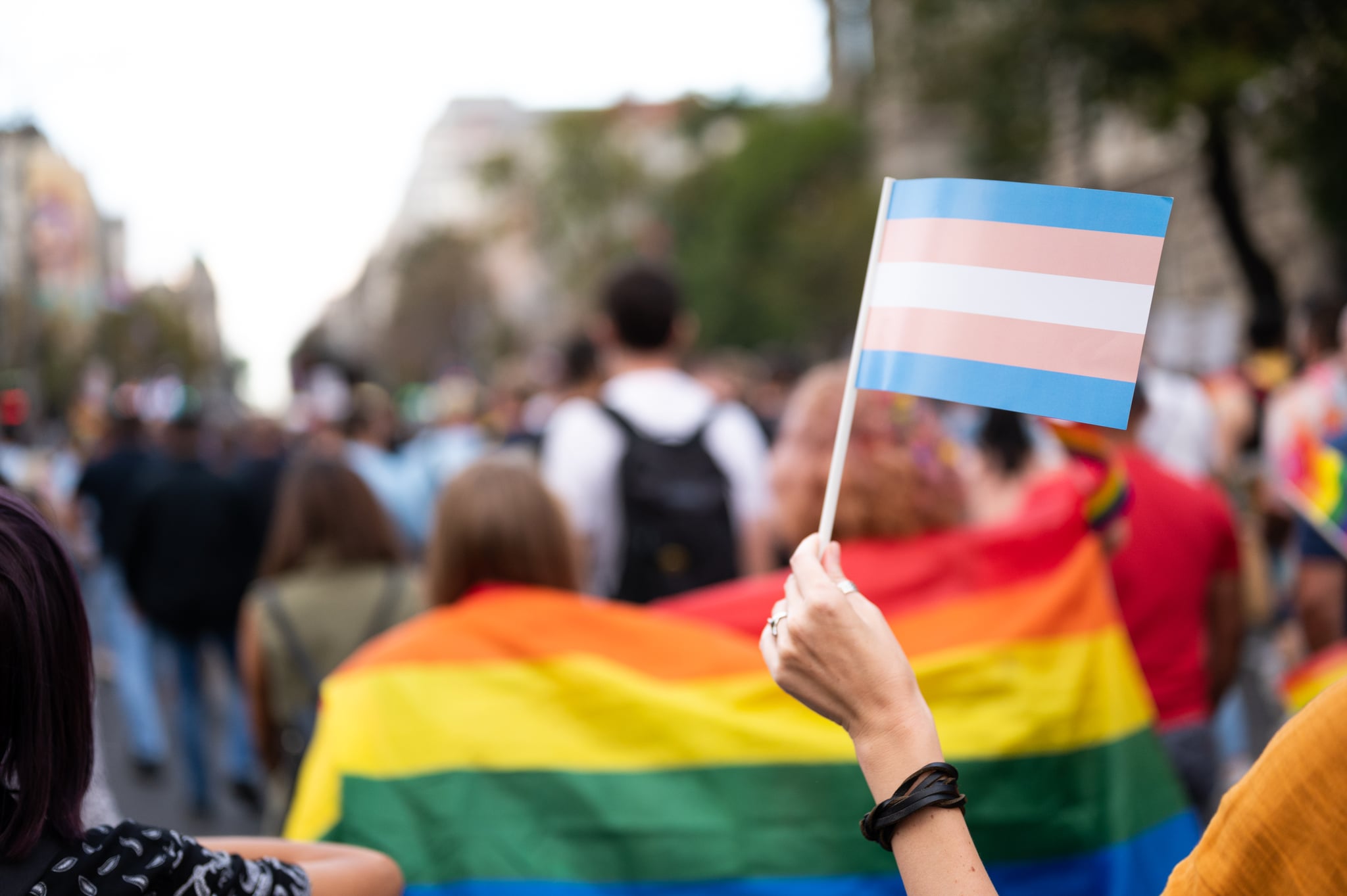 在骄傲游行中，一名女性手握变性人旗帜，背景是模糊的参与者
