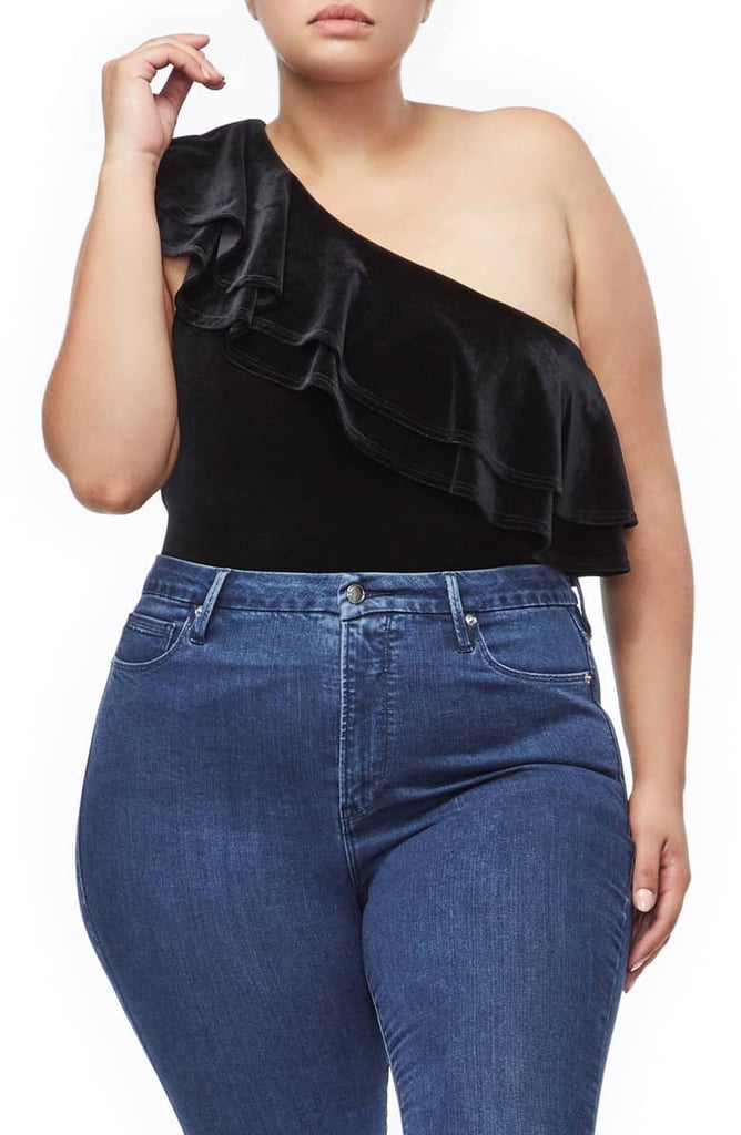 Good American Ruffle One-Shoulder Velvet Bodysuit
