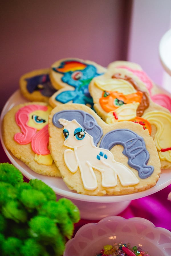 I did end up ordering pony cookies from Elle Couture Cookies, an Etsy shop that does gorgeous work.  I couldn’t resist having the actual characters on the cookies. Her cookies were soft, buttery, and the design was stunning.