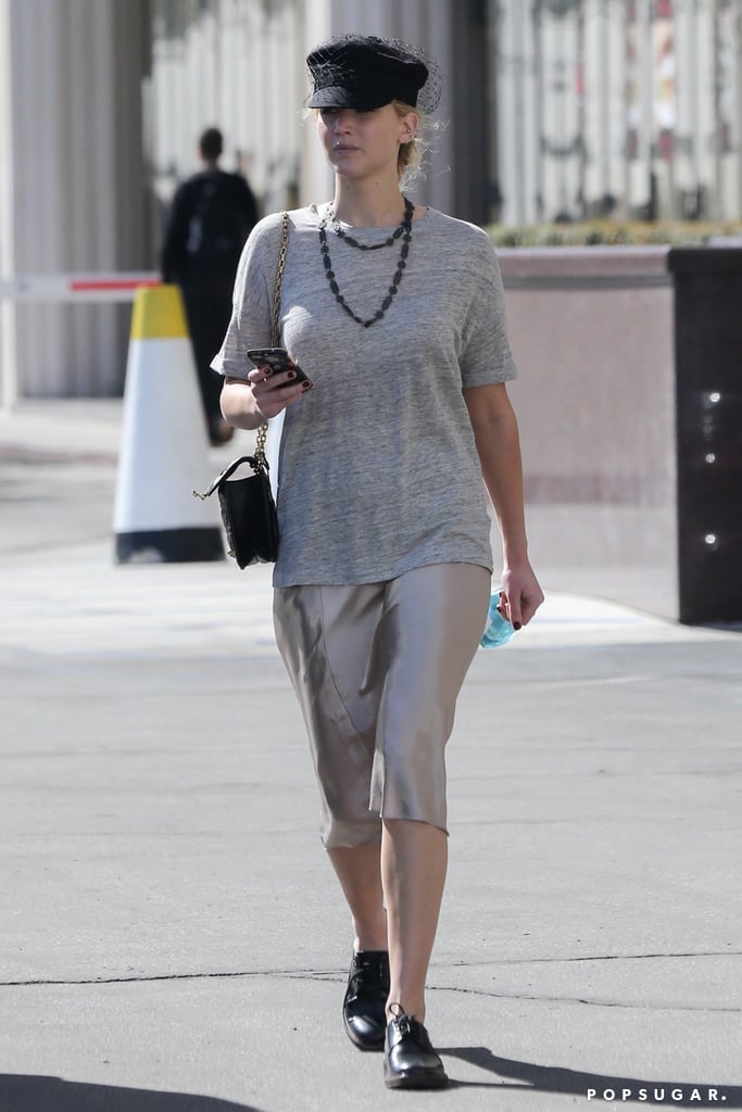 Jennifer Lawrence Wearing Gray T-Shirt and Slip
