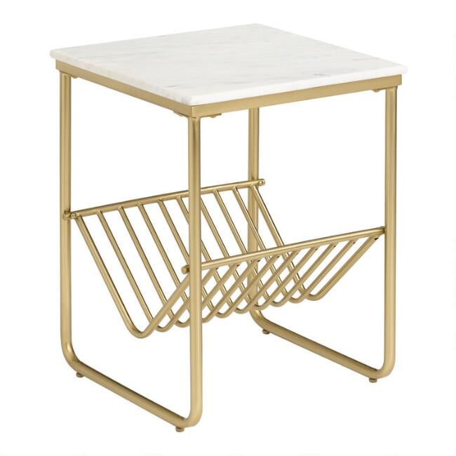 White Marble and Gold Metal Waylon Accent Table With Rack