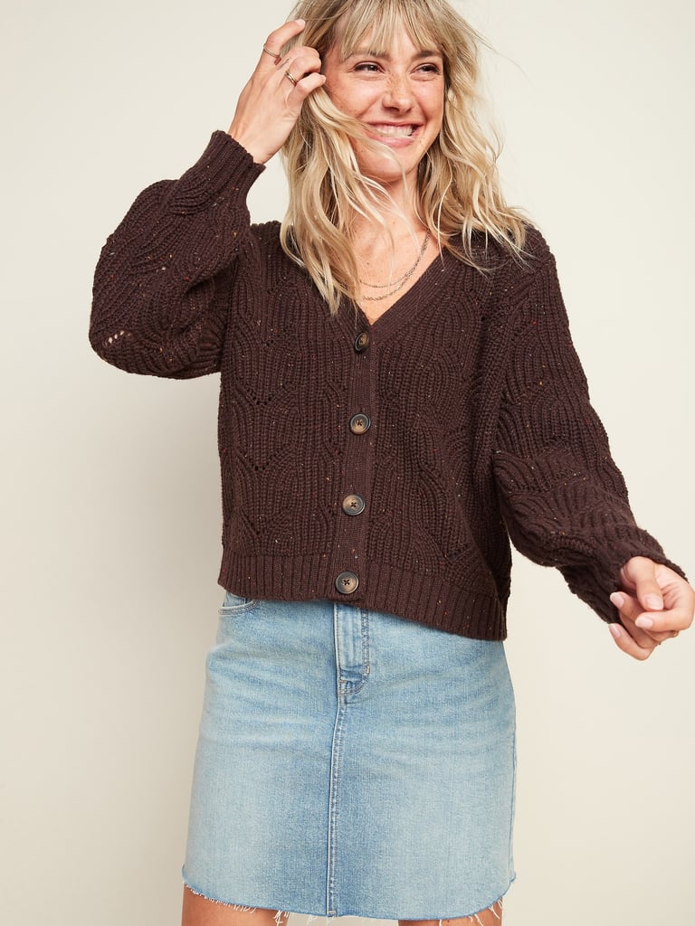 Pointelle-Knit Button-Front Cardigan Sweater