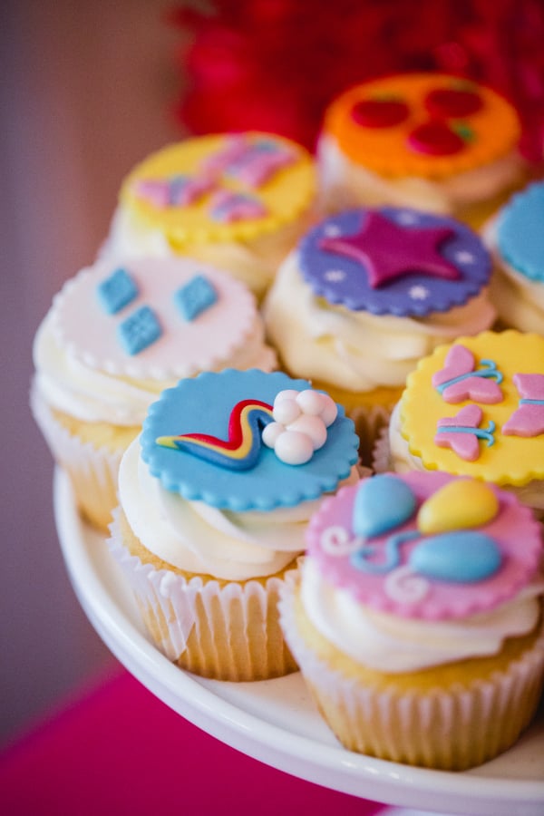 For the actual desserts, I knew it was beyond my talents and not worth my time to try and achieve a My Little Pony character in fondant or buttercream, so I reached out to some experts that could do it for me.  My friend Lynlee of Lynlee’s Petite Treats made the most beautiful cutie mark cupcake toppers that made my job a whole lot easier. I just baked the cupcakes, and put her gorgeous toppers on!