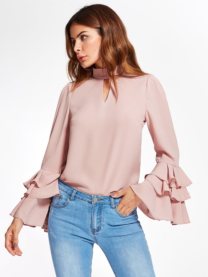 Shein Exaggerate Bell Sleeve Keyhole High Neck Top