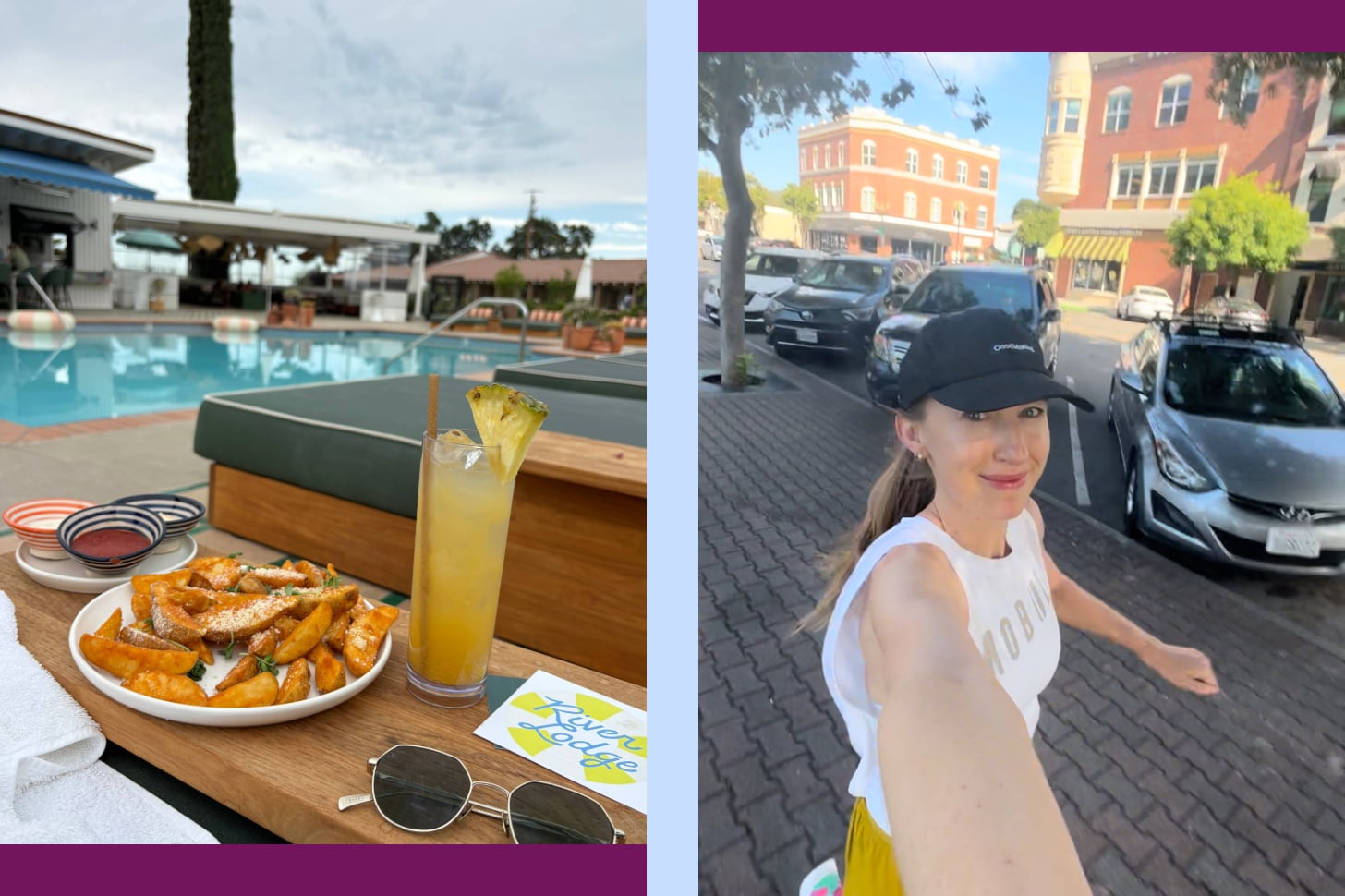 A grid of two photos shows a scene by a pool with fries and a drink on the lefthand side, and a woman taking a selfie while running on the righthand side.