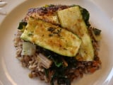 Breaded Zucchini and Rainbow Chard with Lentil Pilaf