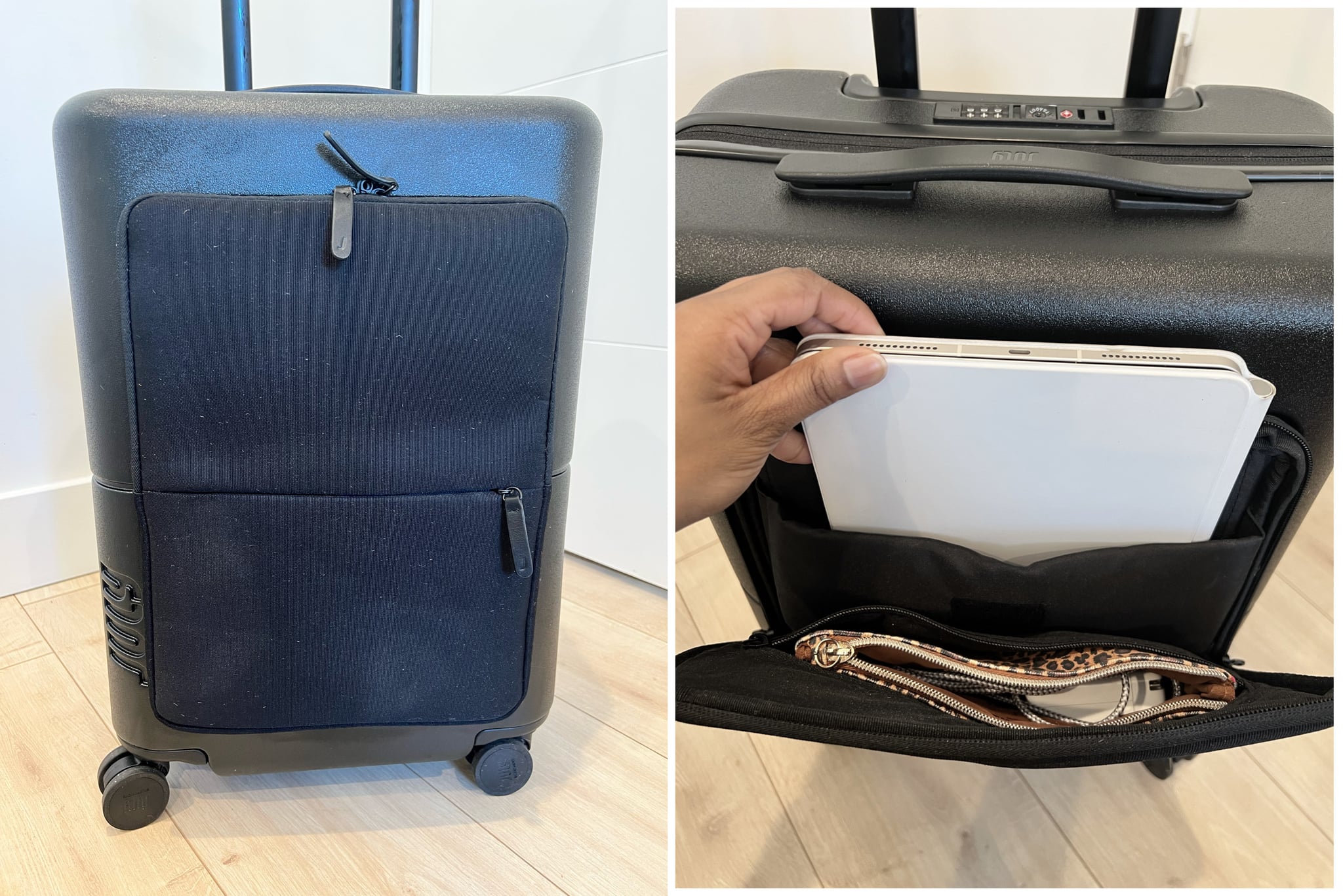 The July Carry-On Pro suitcase in charcoal with laptop sleeve. Laptop sleeve has iPad and an essentials pouch stored in it.