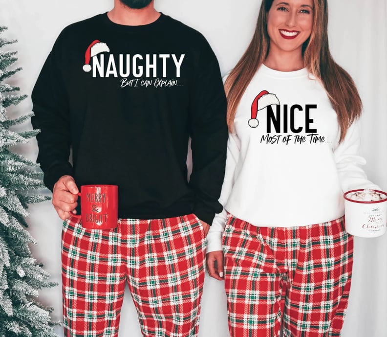 Naughty and Nice Humorous Christmas Couple Matching Sweaters