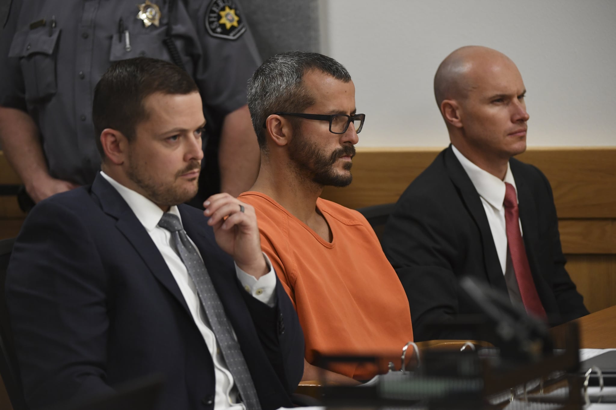 GREELEY, CO - AUGUST 21: Christopher Watts is in court for his arraignment hearing at the Weld County Courthouse on August 21, 2018 in Greeley, Colorado. Watts faces nine charges, including several counts of first-degree murder of his wife and his two young daughters. (Photo by RJ Sangosti/The Denver Post via Getty Images)