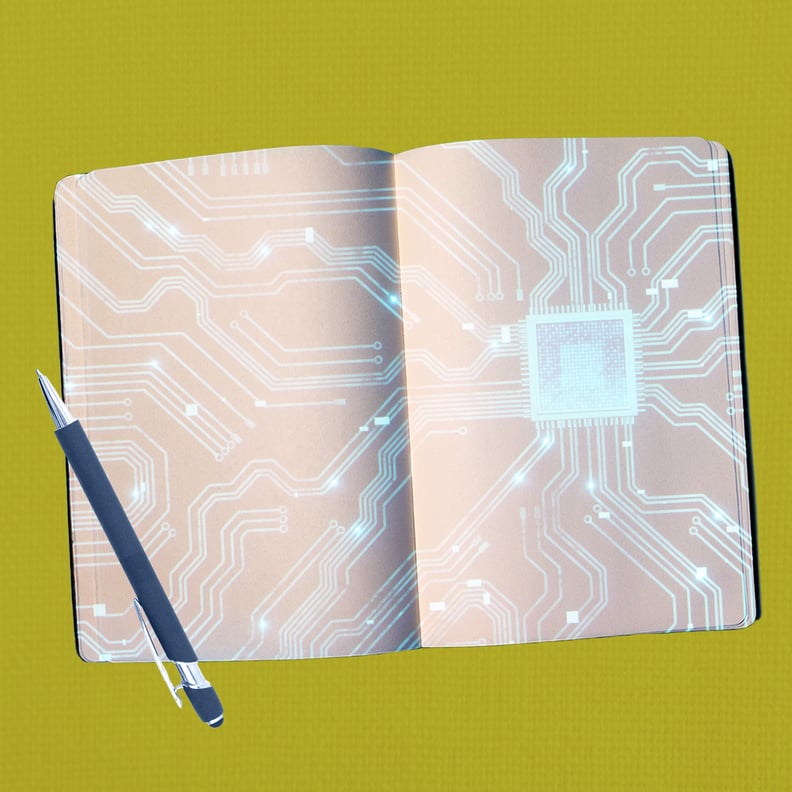 AI journaling for mental health graphic with a journal and pen.