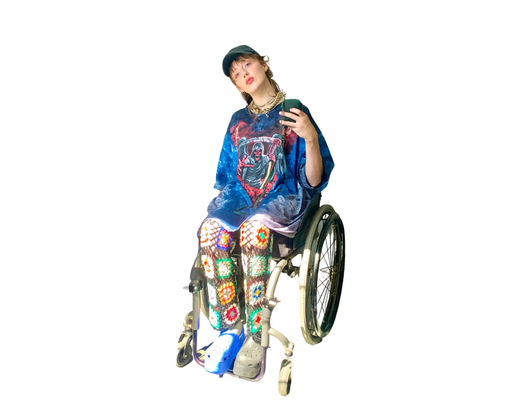 "Vintage Reaper t-shirt and crocheted pants with platform Crocs."