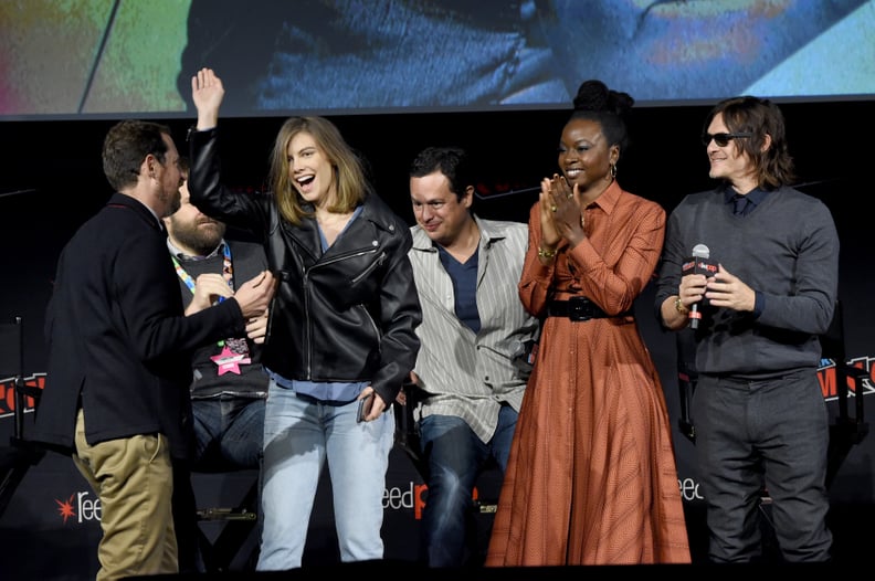 NEW YORK, NEW YORK - OCTOBER 05: (L-R) Scott Gimple, Robert Kirkman, Lauren Cohan, Dave Alpert, Danai Gurira and Norman Reedus speak onstage during a panel for AMC's The Walking Dead Universe including AMC's flagship series and the untitled new third seri
