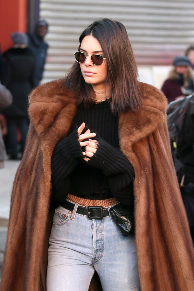 Kendall Jenner Jeans and Fishnet Tights in Paris Jan. 2017