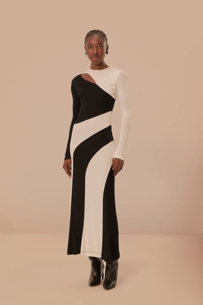 Farm Rio Black and White Cutout Long Sleeve Midi Dress