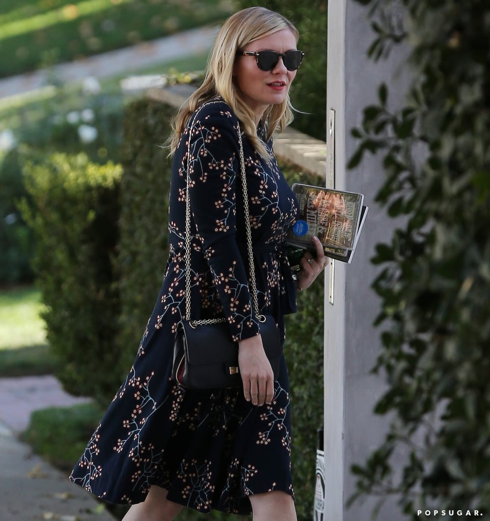 Kirsten Dunst Pregnant Wearing Floral Dress and Gucci Shoes