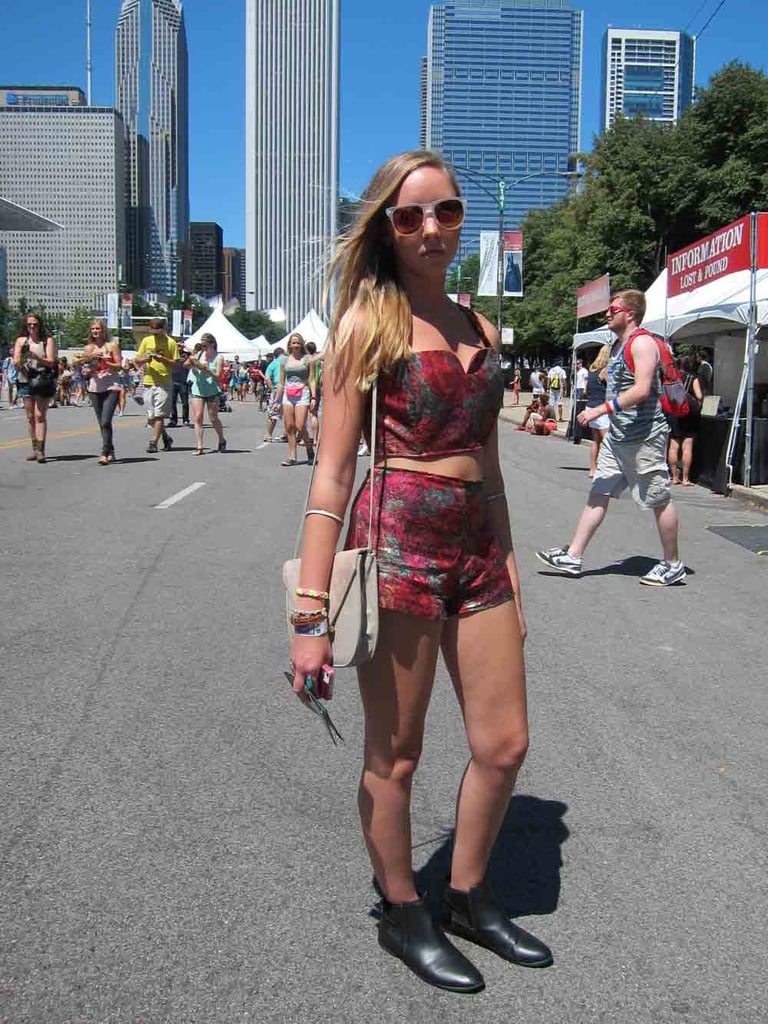 If you can't find a festival look that's right for you, just make it! Deanna, in frost-framed Akira sunglasses, took apart a vintage dress and designed her own printed crop top and shorts.