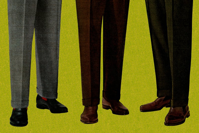 An illustration of men's shoes and legs stand out against a green background.