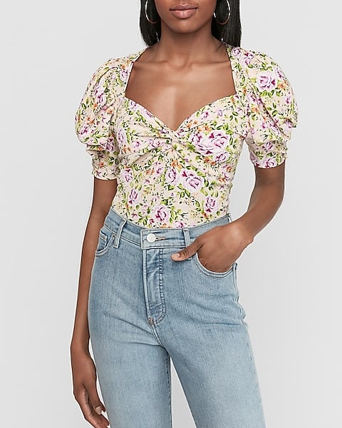 Express Floral Twist Front Puff Sleeve Top
