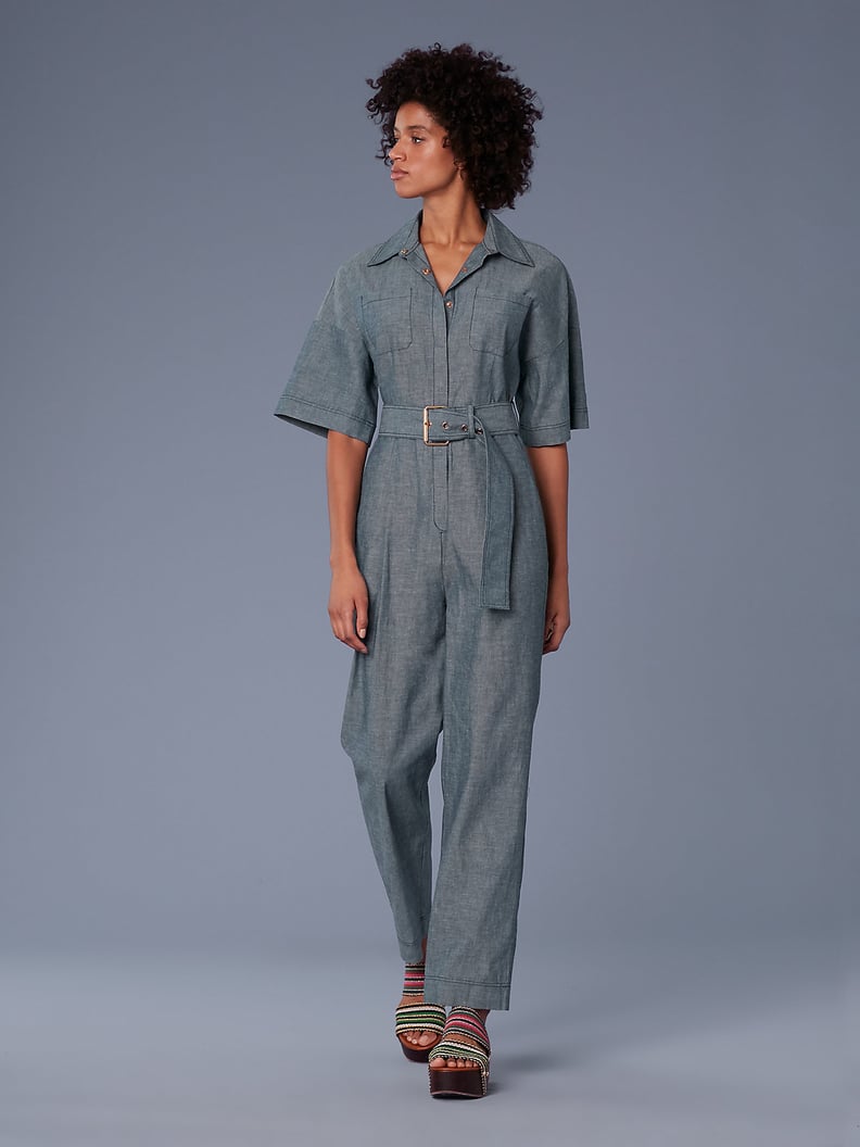 DVF Short-Sleeve Pocket Denim Jumpsuit