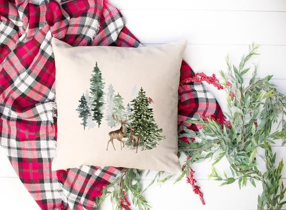Deer and Pine Trees Winter Scene Pillow Cover