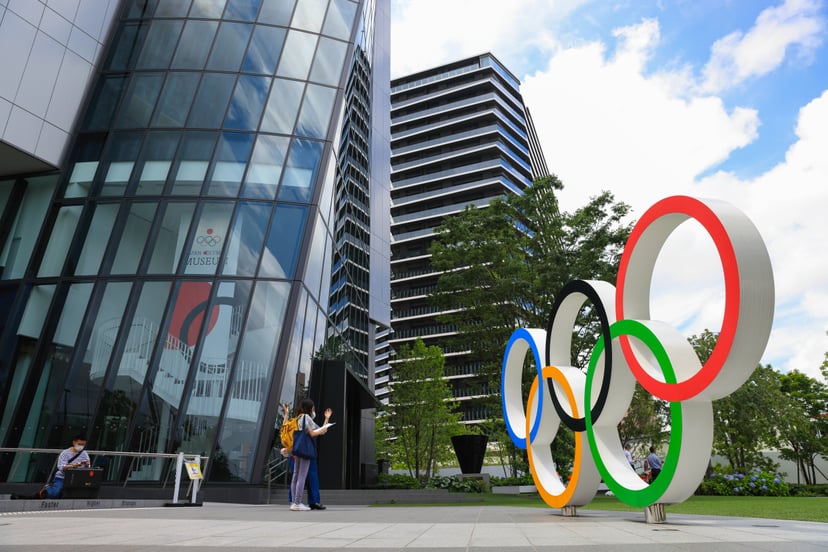 TOKYO, JAPAN - 2021/06/17: Olympic Rings installation in front of Japan Olympic Museum in Shinjuku.Construction of facilities for the Olympic games is still going on with only a few weeks to the opening of the controversial Summer Olympic Games. (Photo by