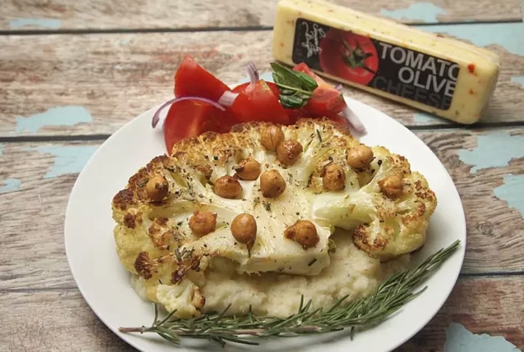 Easy Vegetarian Recipe: Cauliflower Steaks With Tomato Olive Cauliflower Mash