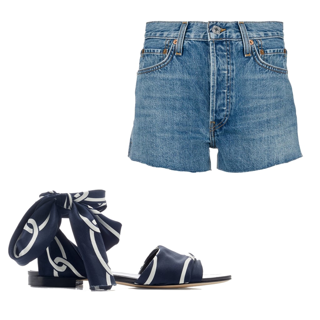 Re/Done High Waisted Denim Shorts ($209)
Monse Printed Silk-Satin Sandals ($590)