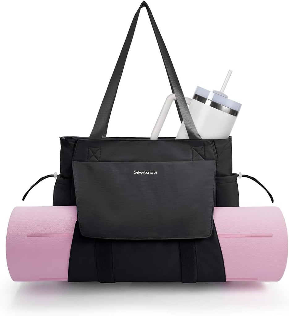 Sportsnew Yoga Mat Bag ($30)
Whether you're headed to the gym or the yoga studio, this bag is ideal if you like to BYO mat. It's made of waterproof fabric, offers plenty of space for your essentials, and a built-in strap specifically designed to carry a full-size yoga mat or foam roller.
Pros: Waterproof and has a built-in yoga mat strap; can also fit two blocks
Cons: Mat strap may not keep mat completely secure if the mat is thinner than usual
Material: Polyester
Dimensions: 15.74"L x 5.11"W x 14.17"H
Colorways: Seven
Who It's Best For: Yoga or Pilates lovers who need a practical, mat-friendly bag that still works for everyday gym use
Extras: Built-in strap for mat or foam roller, also can hold blocks and a water bottle
What Reviewers Say: "LOVE this bag so far . . . I love all of the pockets, including the yoga mat holder on the side. I put my hip thrust pad in there, even though it's not tightly secured. Stays pretty well. There's lots of pockets on the outside for my water bottle or whatever. Then additional pockets on the inside which is great because I use lots of attachments. The only thing I dislike is the fabric weight of the bag. I wish it was a stronger, sturdier, thicker fabric."