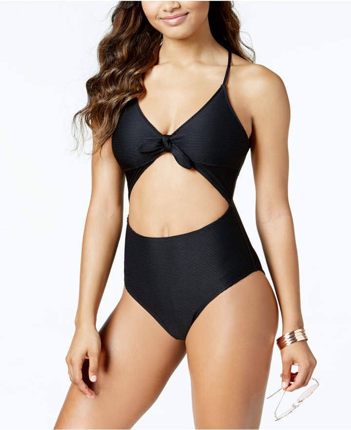 Bar III Ribbed Tie-Front Cutout One-Piece Swimsuit