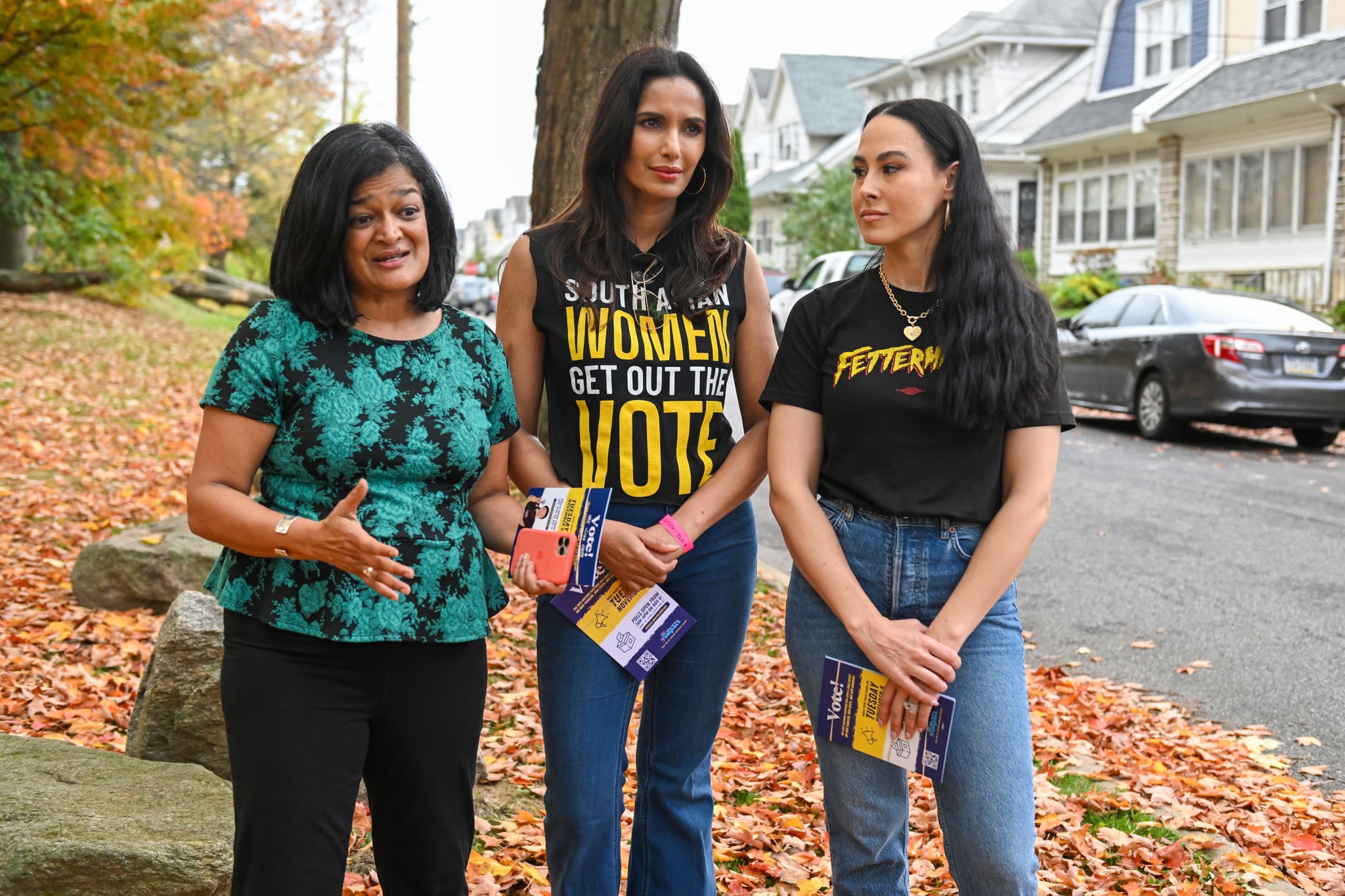 PHILADELPHIA, PENNSYLVANIA - NOVEMBER 06: Pramila Jayapal, Padma Lakshmi and Meena Harris attend the South Asian Women Get Out the Vote Canvass Event on November 06, 2022 in Philadelphia, Pennsylvania. (Photo by Daniel Zuchnik/Getty Images for Indian American Impact)