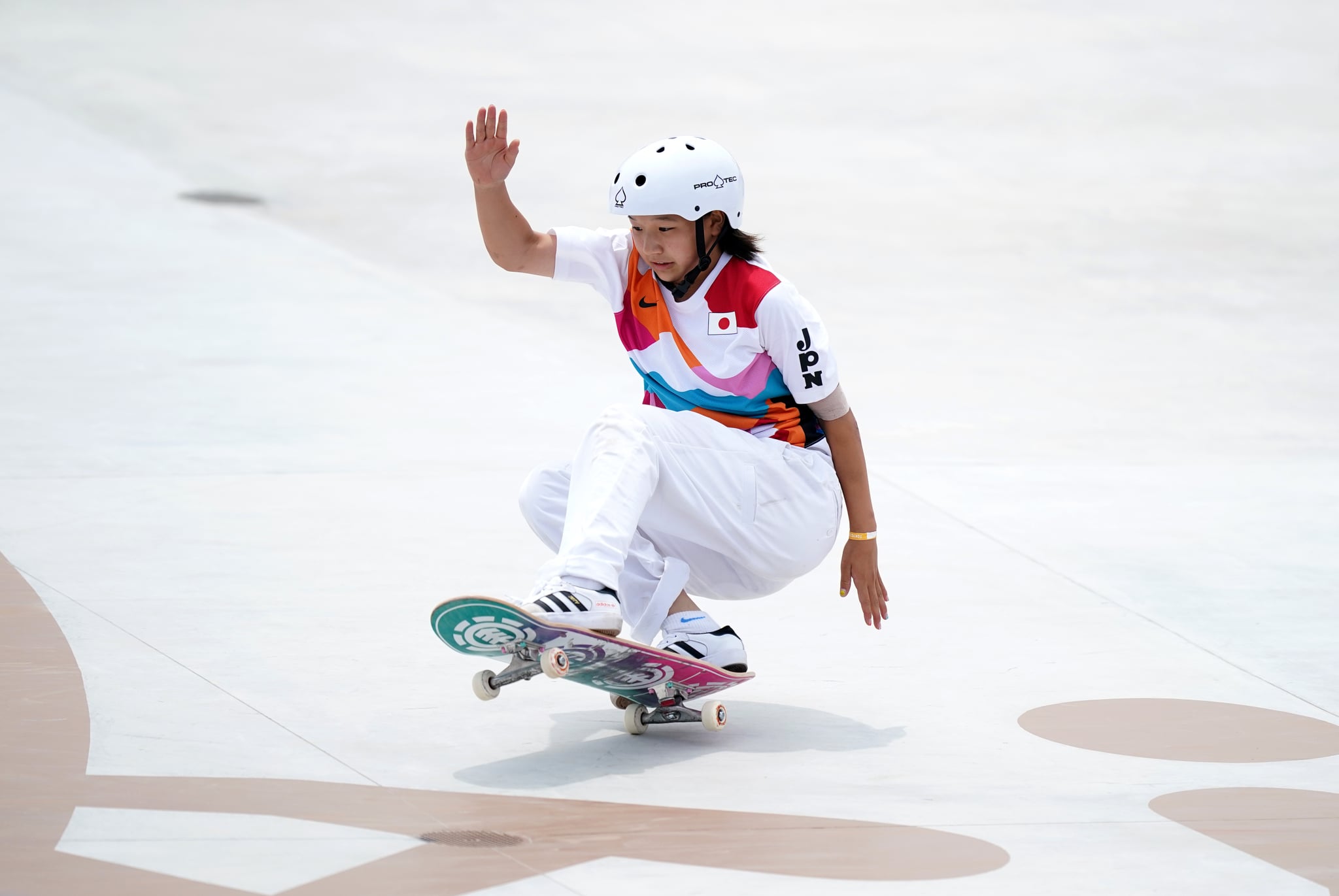 Japan's Momiji Nishiya during the Women's Street Final at the Ariake Urban Sports Park on the third day of the Tokyo 2020 Olympic Games in Japan. Picture date: Monday July 26, 2021. (Photo by Mike Egerton/PA Images via Getty Images)