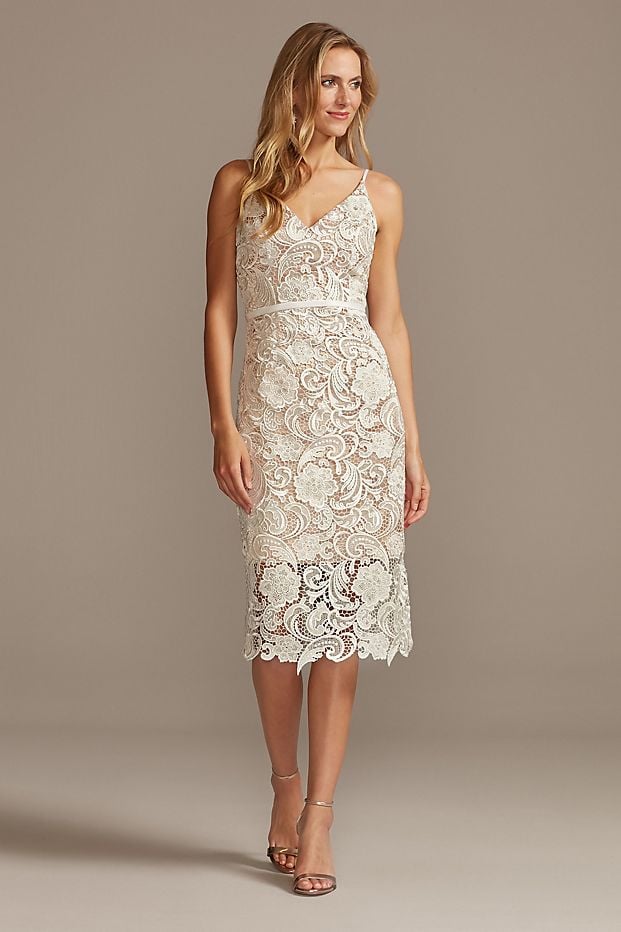 David's Bridal Crochet Lace Overlay Midi Spaghetti Strap Dress