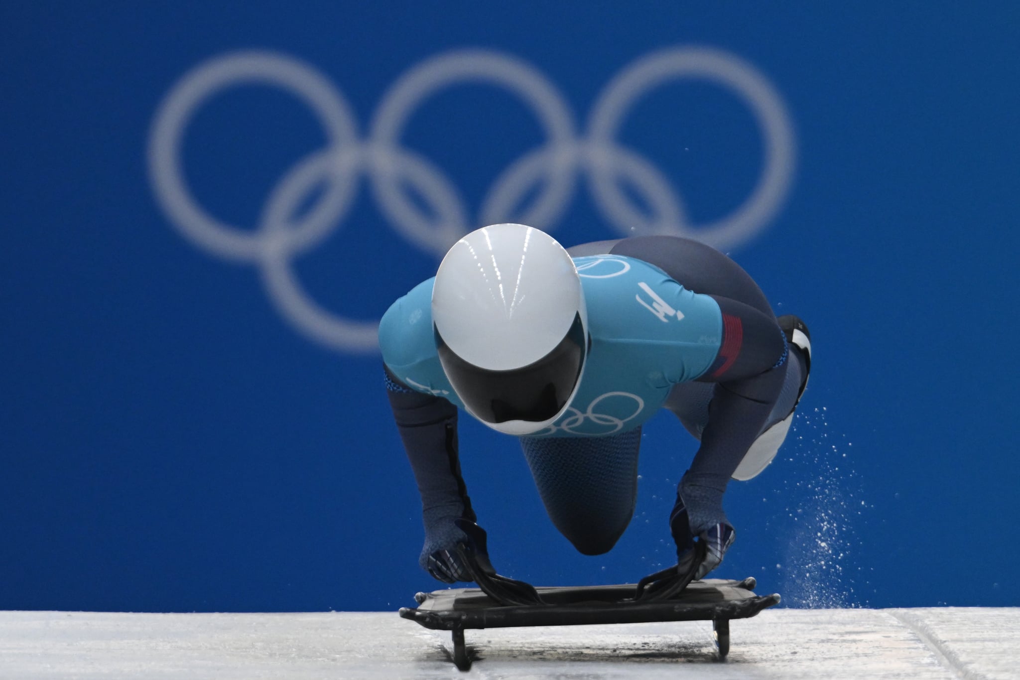 09 February 2022, China, Yanqing: Olympics, skeleton, women, training, Yanqing National Sliding Centre. Kelly Curtis from the USA in action. Photo: Robert Michael/dpa (Photo by Robert Michael/picture alliance via Getty Images)