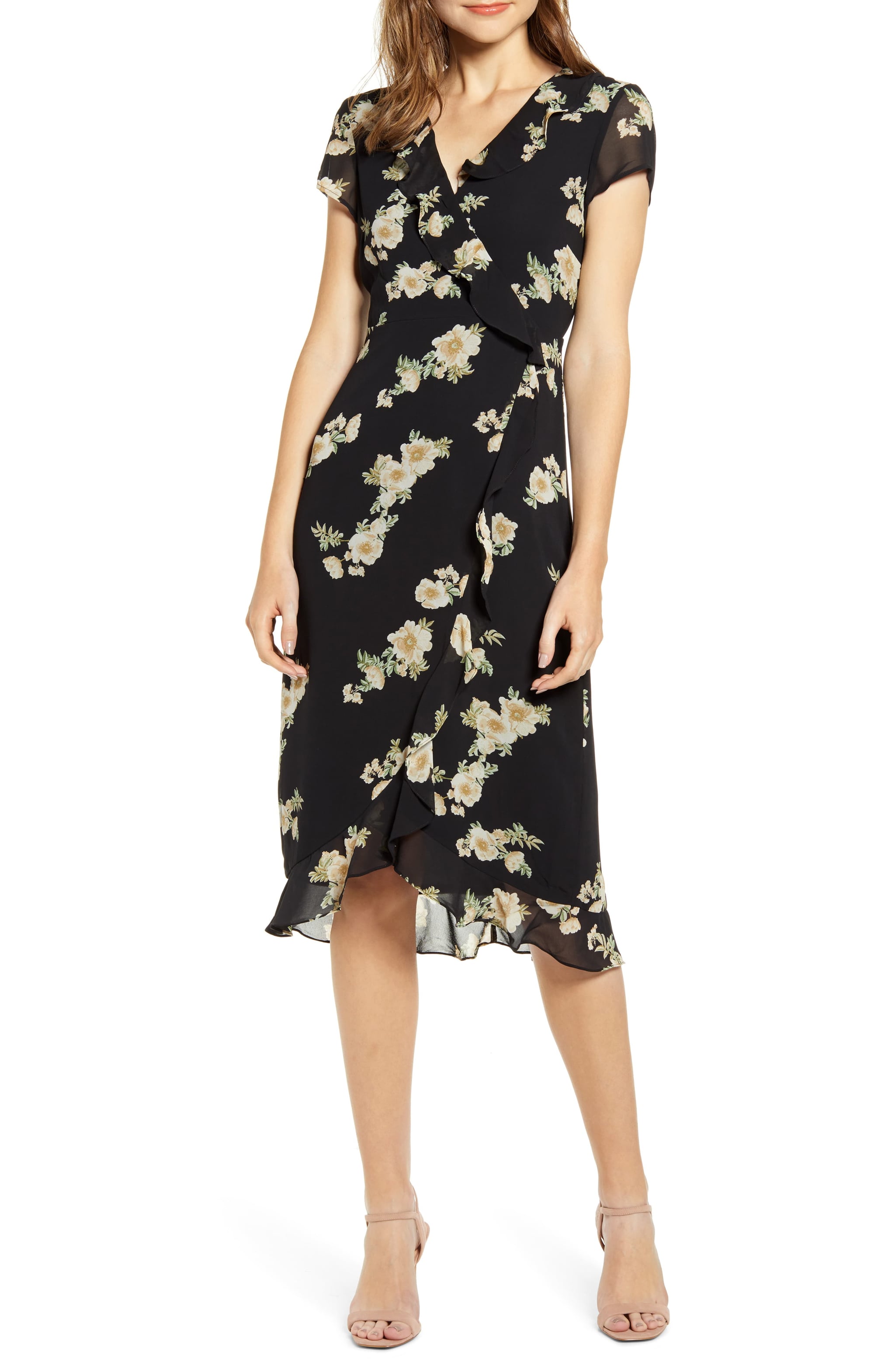 bardot floral wrap dress