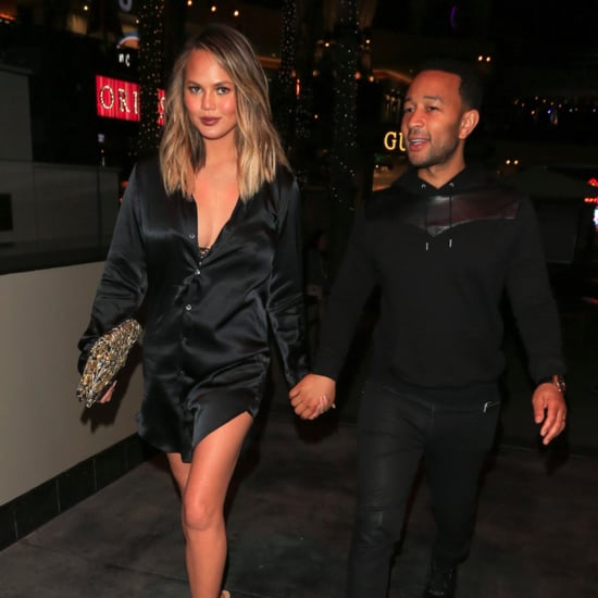 Chrissy Teigen Wearing a Black Satin Dress June 2016