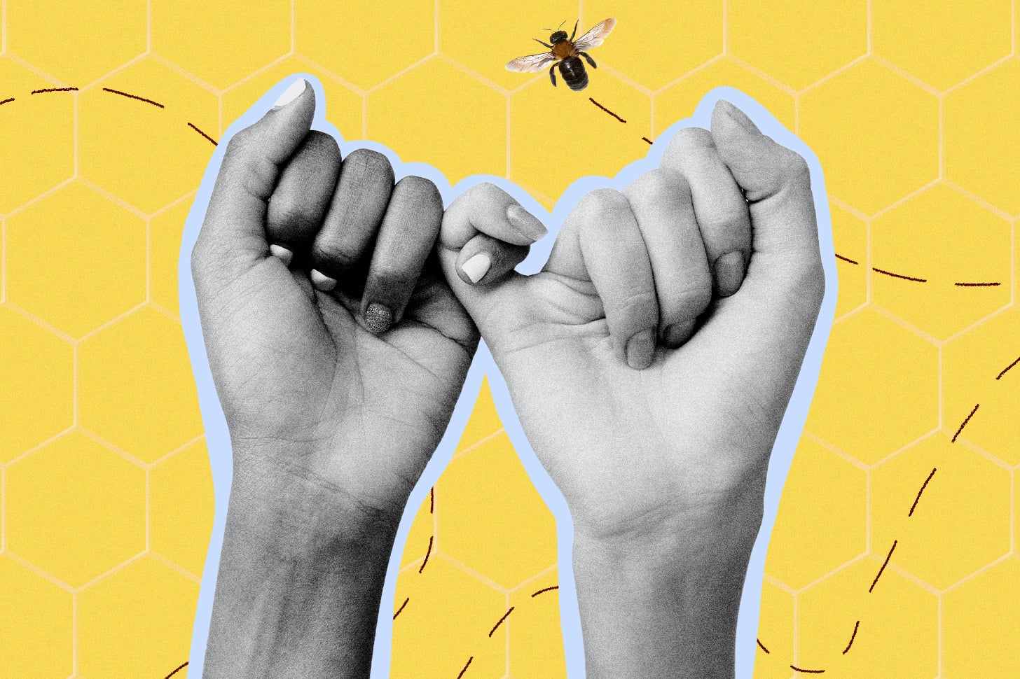 An image shows a cutout of two hands holding each other's pinkies, with a yellow background and bees buzzing in the background.